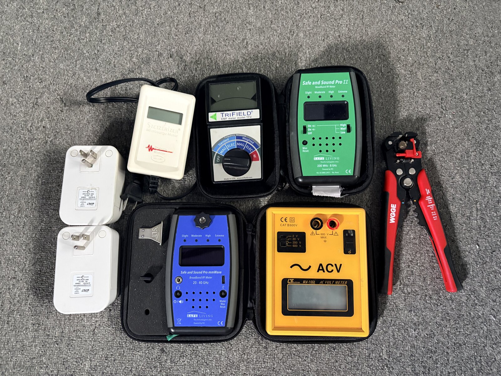 The complete set of professional EMF measurement meters used during every EMF Hawaii assessment